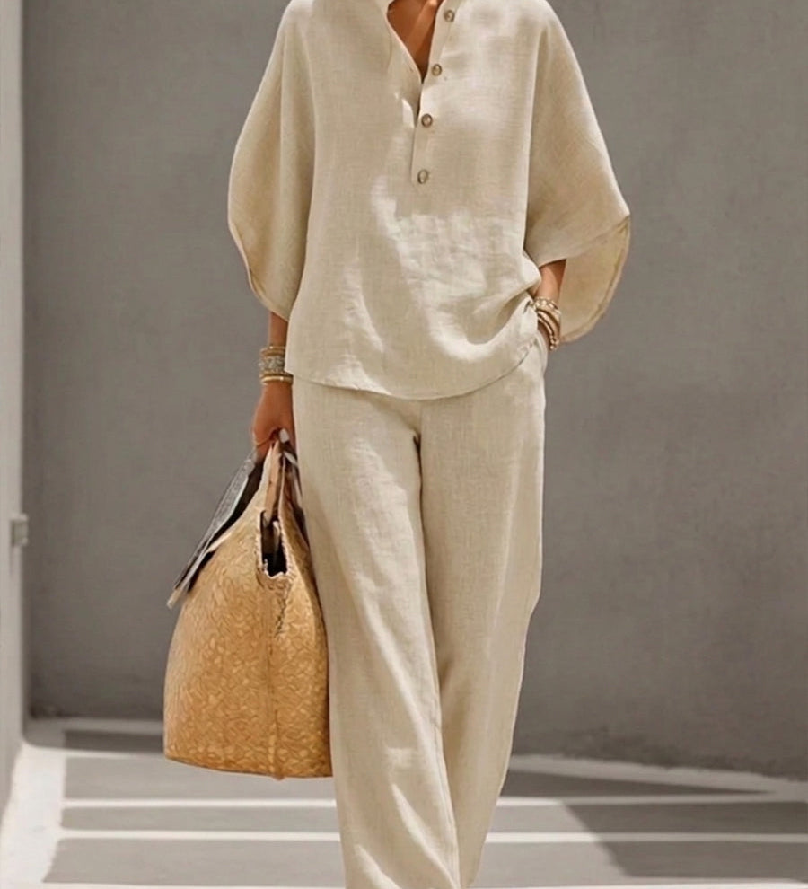 FLORENZ | Baumwoll-Leinen Batwing-Ärmel Set mit weiten Hosen