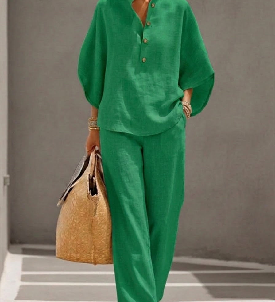FLORENZ | Baumwoll-Leinen Batwing-Ärmel Set mit weiten Hosen