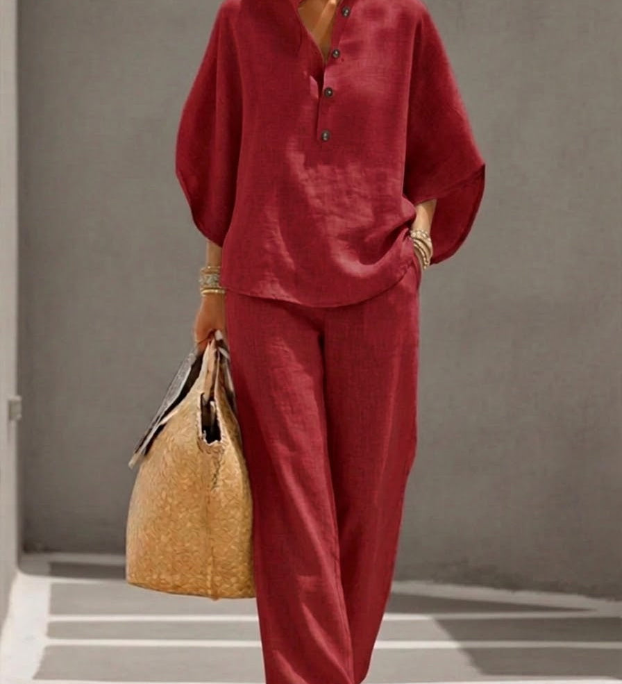 FLORENZ | Baumwoll-Leinen Batwing-Ärmel Set mit weiten Hosen