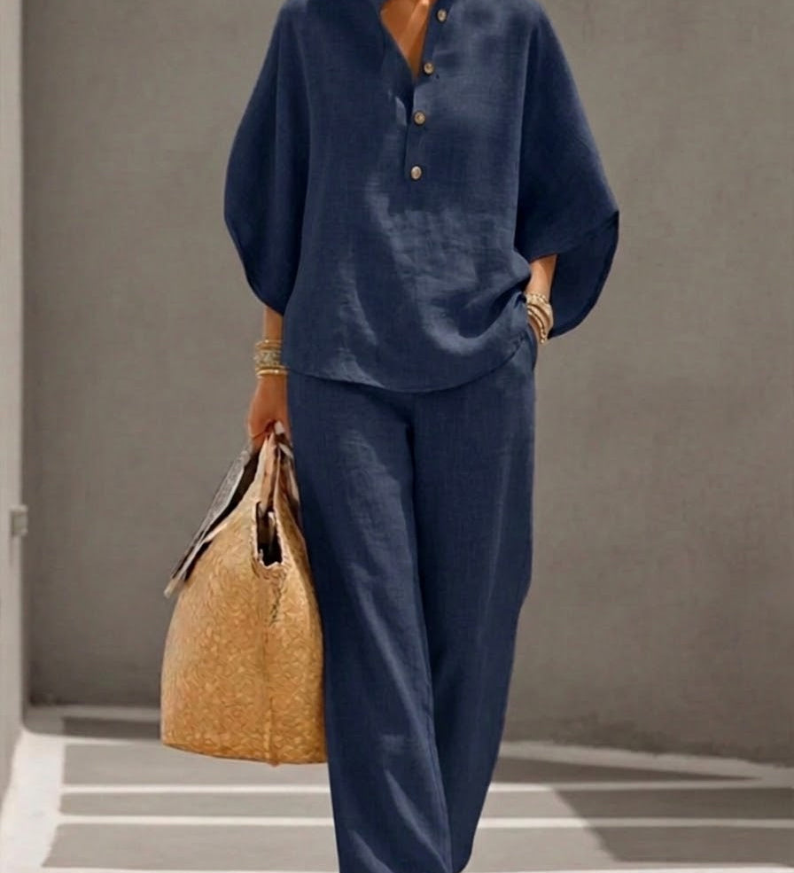 FLORENZ | Baumwoll-Leinen Batwing-Ärmel Set mit weiten Hosen