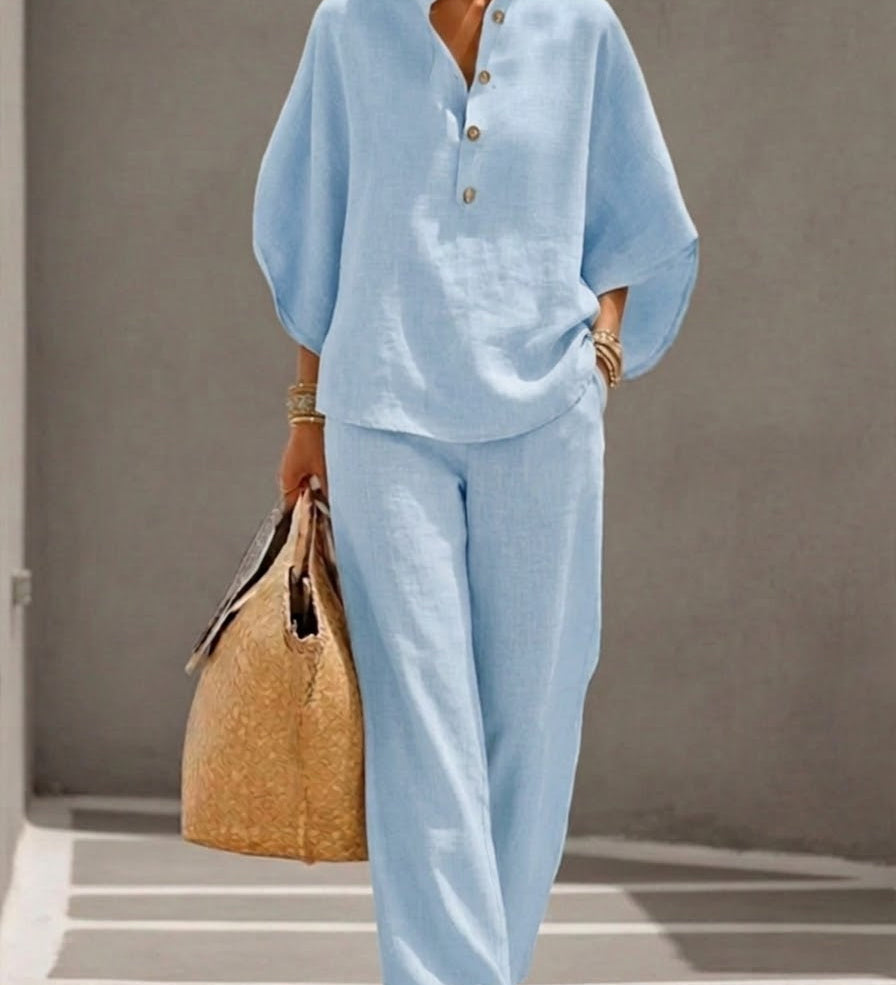 FLORENZ | Baumwoll-Leinen Batwing-Ärmel Set mit weiten Hosen