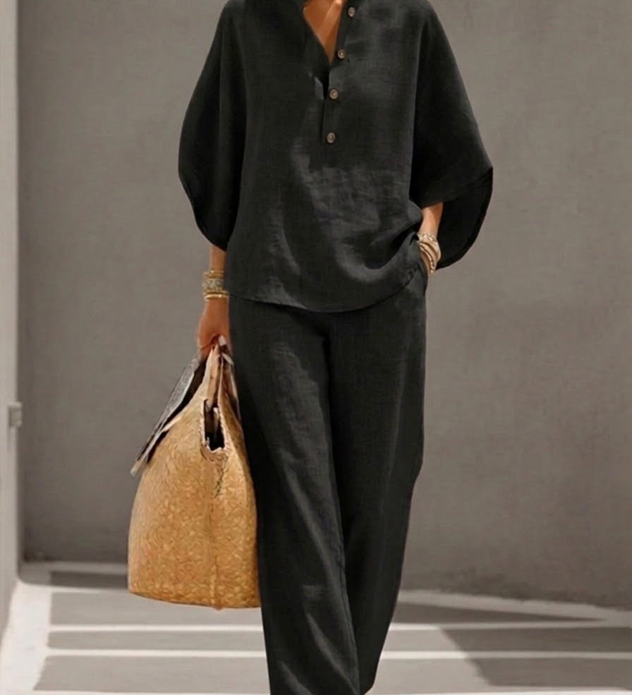 FLORENZ | Baumwoll-Leinen Batwing-Ärmel Set mit weiten Hosen
