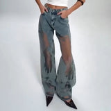 JEANS MIT VINTAGE MESH PATCHWORK PRINT